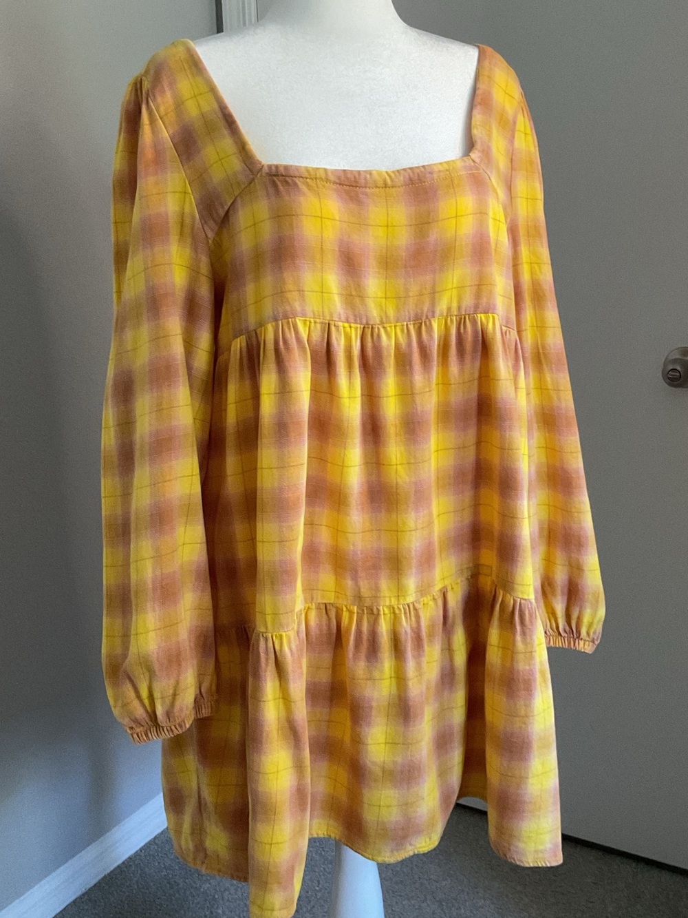 bp Yellow & Pink Plaid Square-Neck Tiered Dress